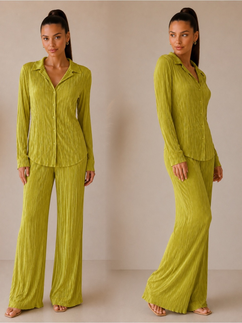 Lime Green Textured Button-Up Top with Wide-Leg Pants